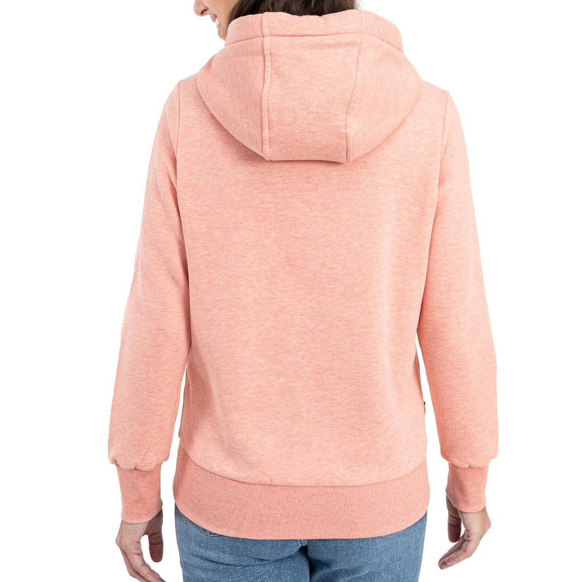 Frau trägt DEPROC HILDA II WOMEN Kapuzensweatshirt in orange, Rückenansicht